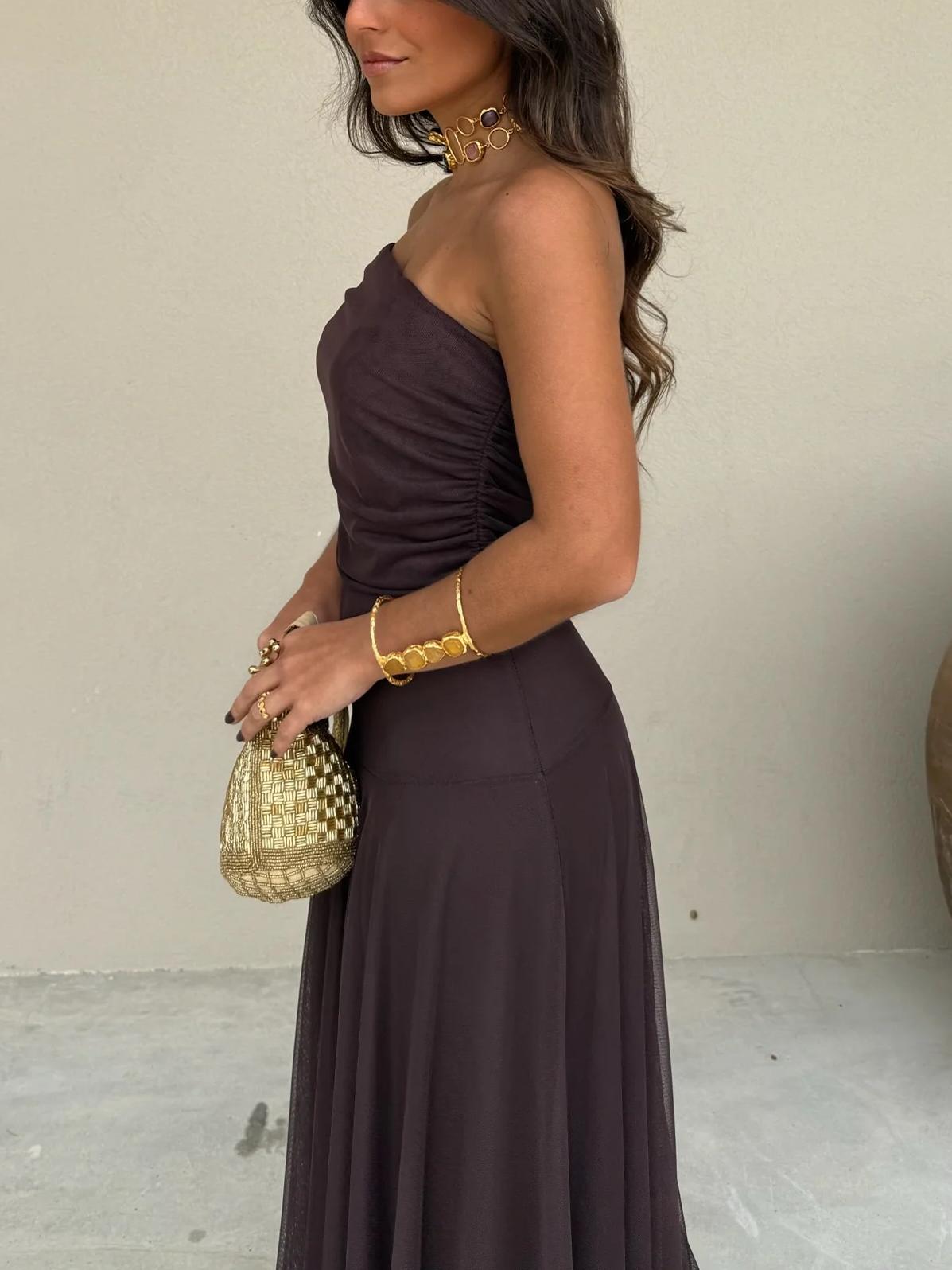 Women's Off Shoulder Ruched Mesh -  Maxi Dress Style
