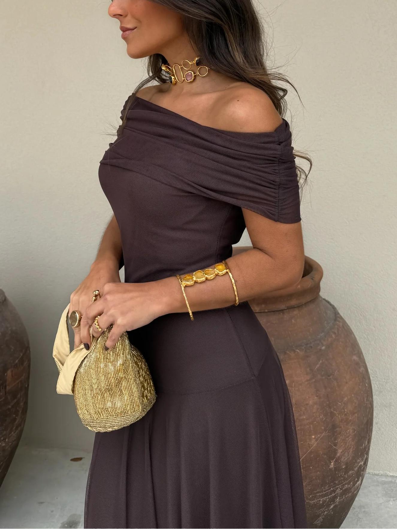 Women's Off Shoulder Ruched Mesh -  Maxi Dress Style