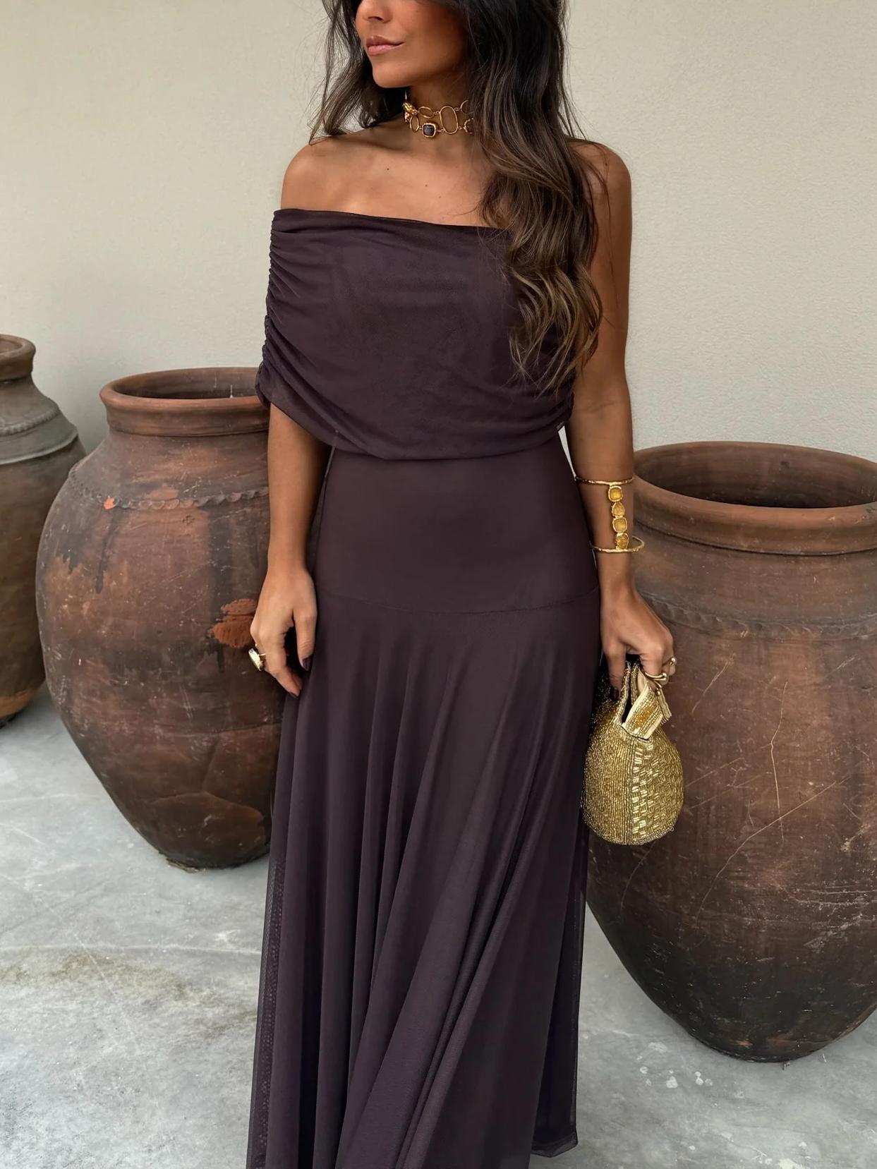 Women's Off Shoulder Ruched Mesh -  Maxi Dress Style