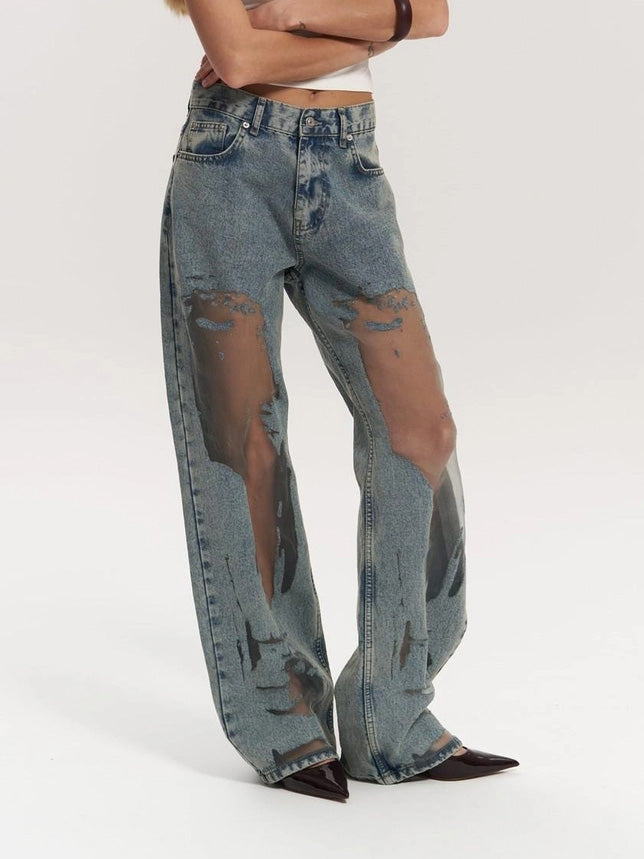 Women's High Waisted Transparent Panel Wide Leg Denim Jeans