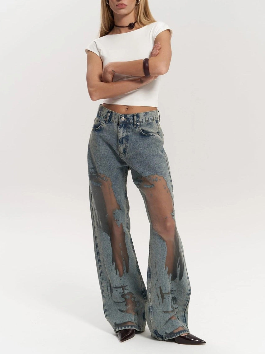 Women's High Waisted Transparent Panel Wide Leg Denim Jeans