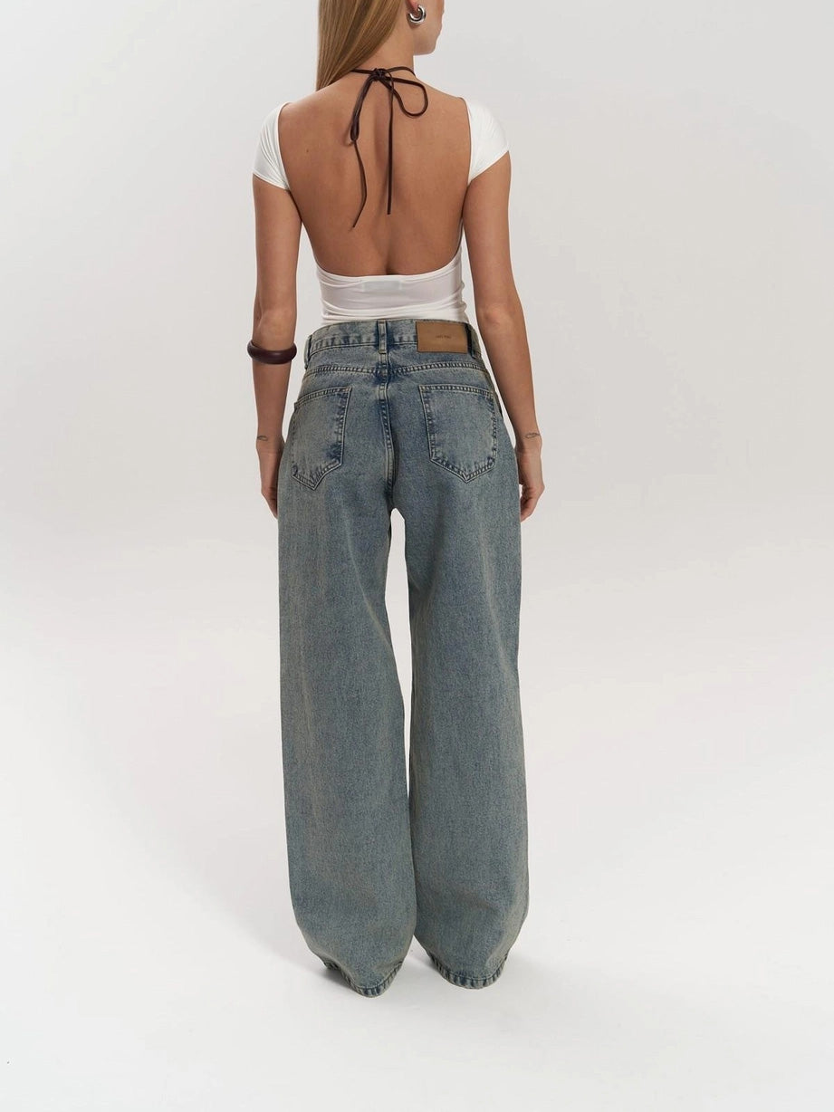Women's High Waisted Transparent Panel Wide Leg Denim Jeans