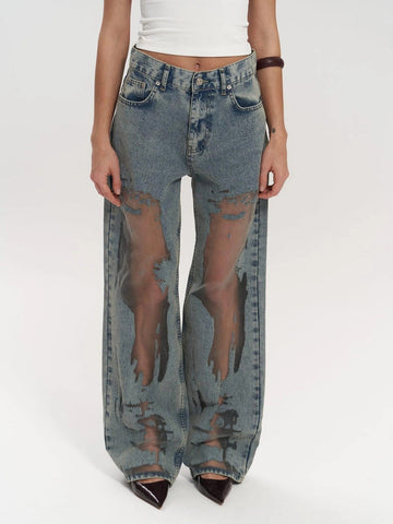 Women's High Waisted Transparent Panel Wide Leg Denim Jeans
