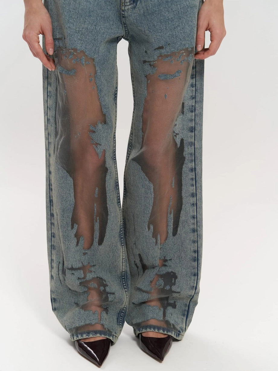 Women's High Waisted Transparent Panel Wide Leg Denim Jeans