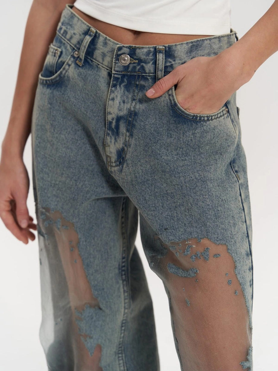 Women's High Waisted Transparent Panel Wide Leg Denim Jeans