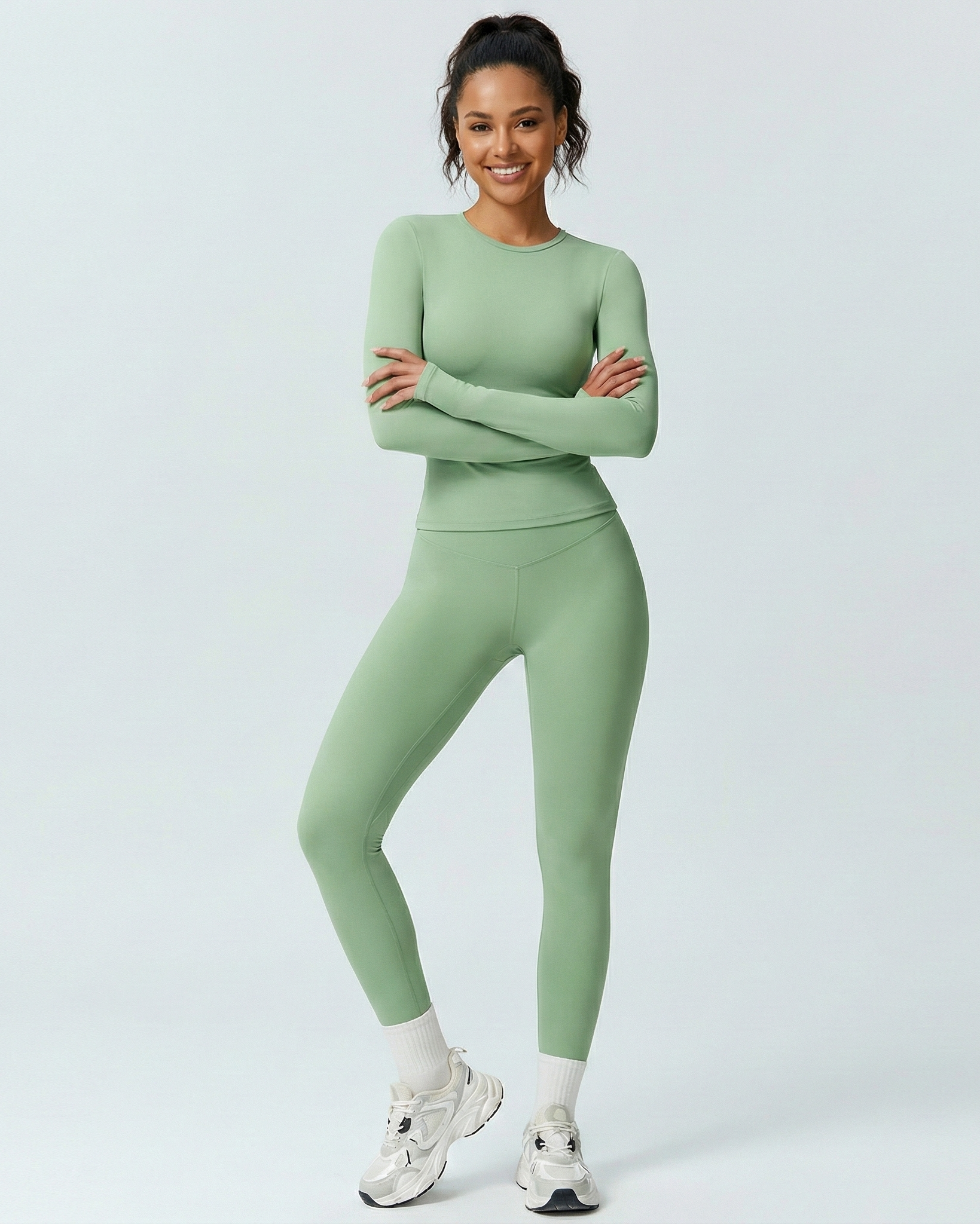 Two Piece Activewear Set - Slim Fit Long Sleeve Top - High Waist Leggings Matching Outfit