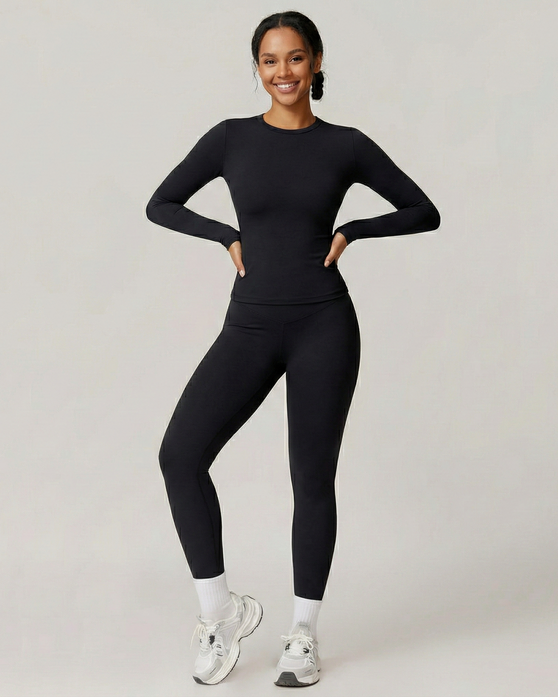 Two Piece Activewear Set - Slim Fit Long Sleeve Top - High Waist Leggings Matching Outfit