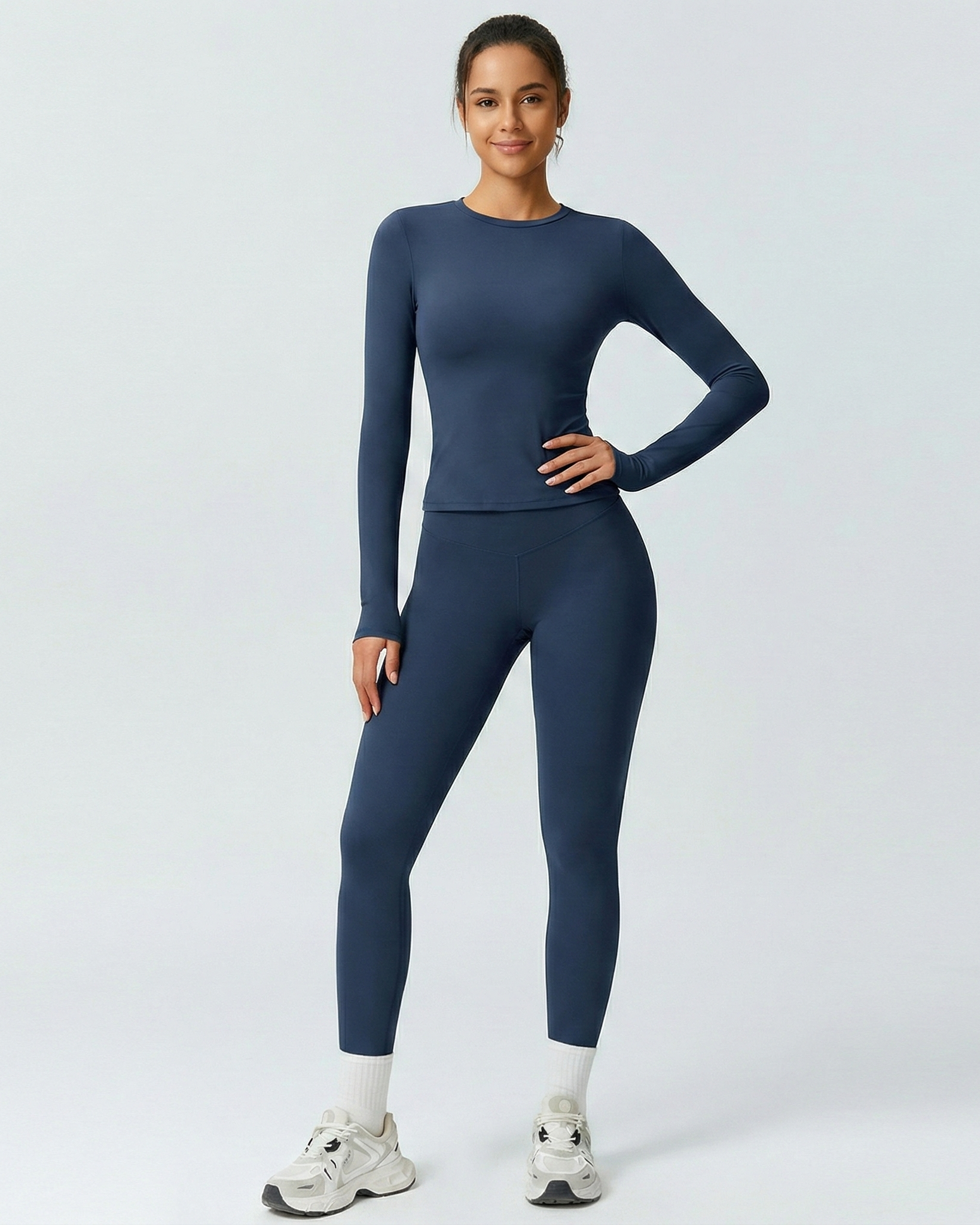 Two Piece Activewear Set - Slim Fit Long Sleeve Top - High Waist Leggings Matching Outfit