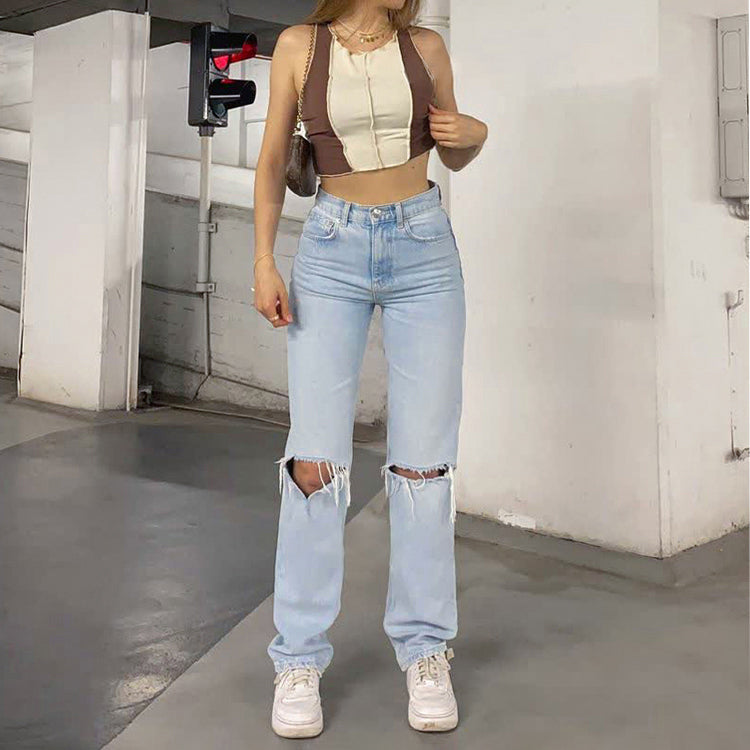 Women's High Waisted Distressed Wide Leg Baggy Jeans - Ripped