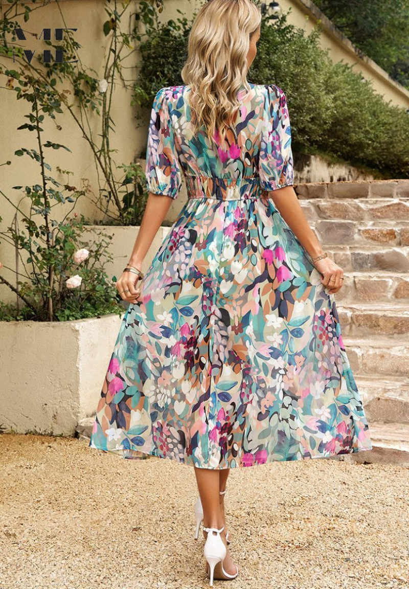 Women’s Elegant Floral Puff Sleeve Midi Dress with V Neckline