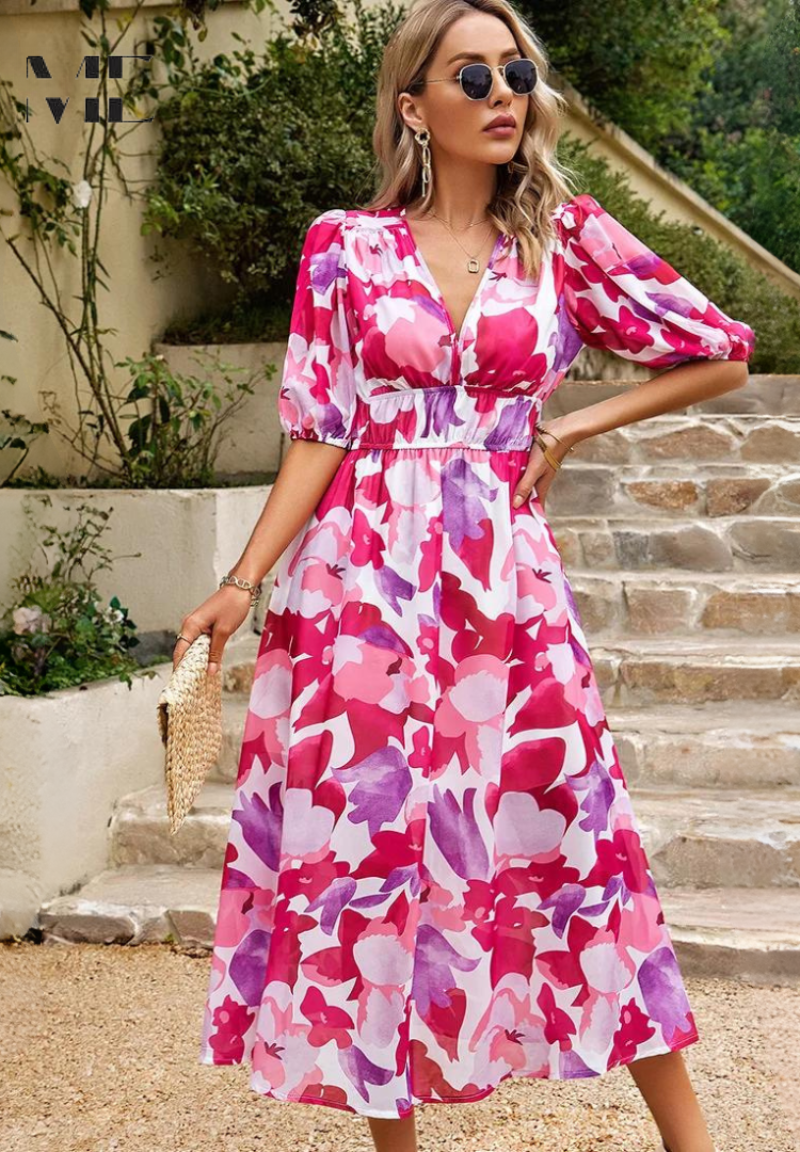 Women’s Elegant Floral Puff Sleeve Midi Dress with V Neckline