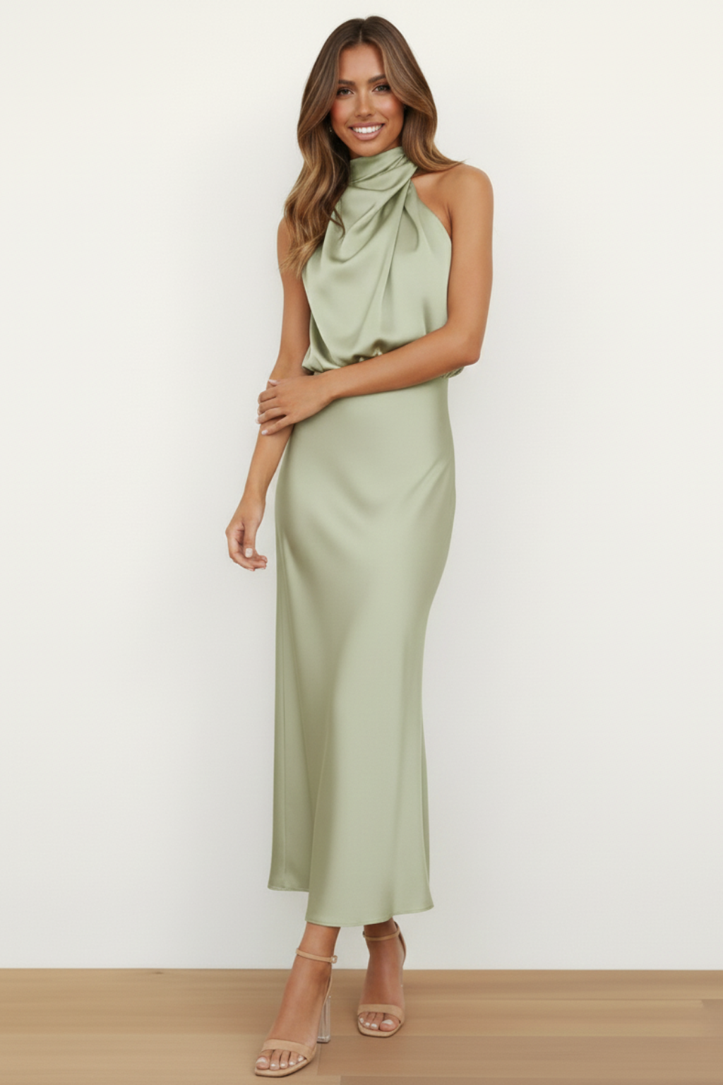 Women’s High-Neck Draped Maxi Dress – Elegant Halter Silhouette
