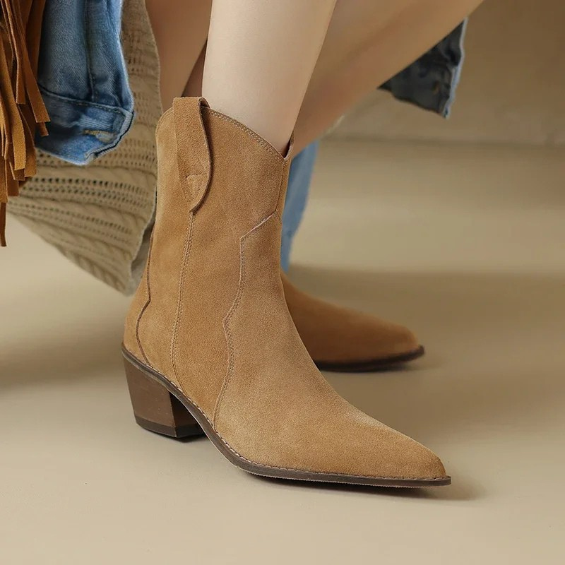 Women’s Western-Style Ankle Boots with Pointed Toe and Block Heel
