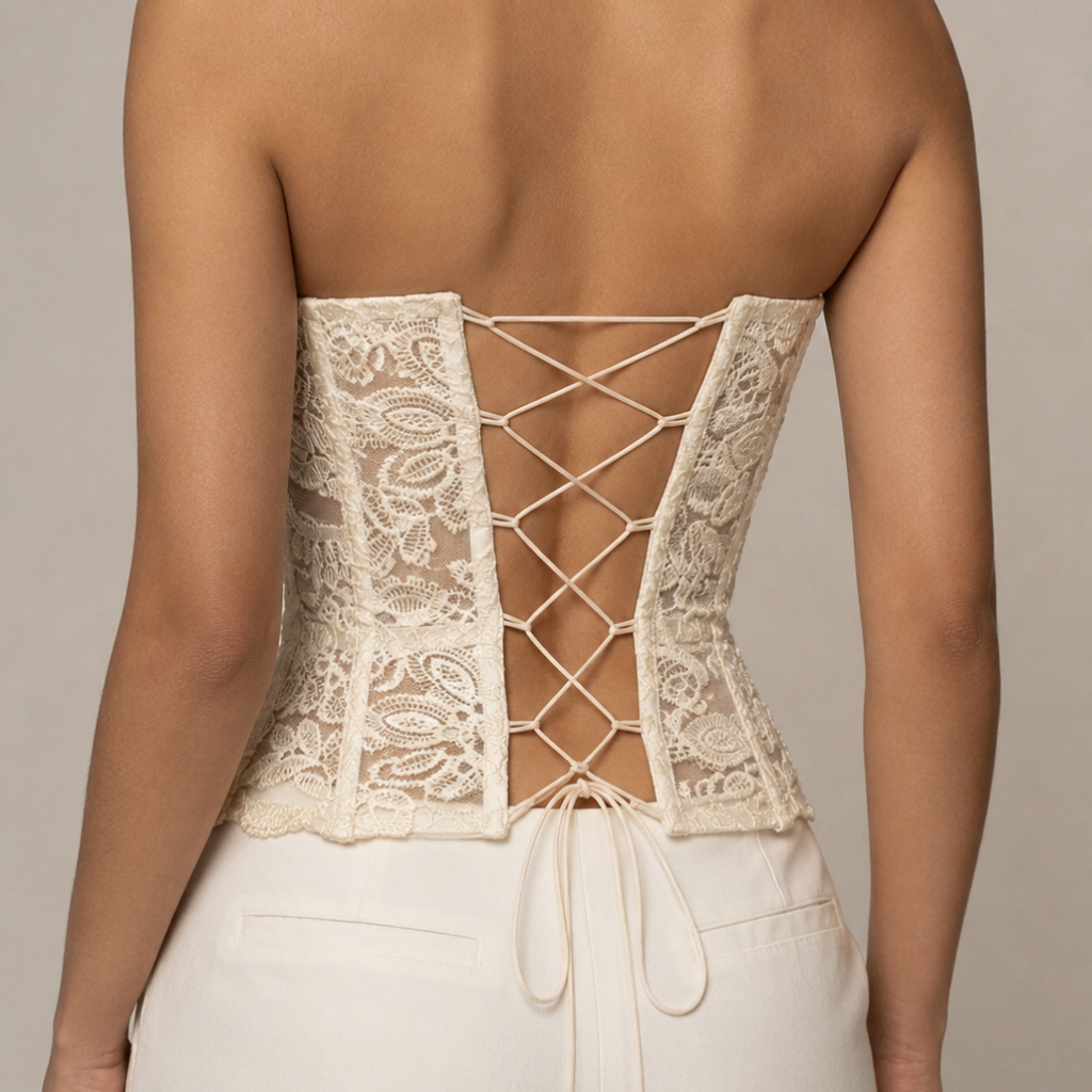 Women's Strapless Lace Corset Top with Lace-Up Back