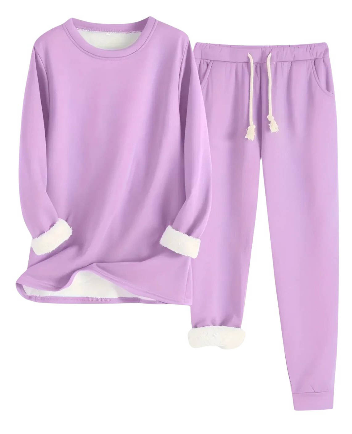 Two Piece Fleece Lined Sweatsuit with Crewneck Top and Drawstring Pants