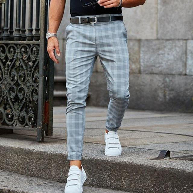 Grid Pattern Pants with Adjustable Waist and Side Pockets, Polyester Cotton