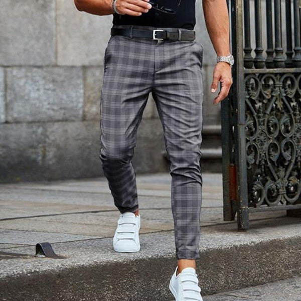 Grid Pattern Pants with Adjustable Waist and Side Pockets, Polyester Cotton
