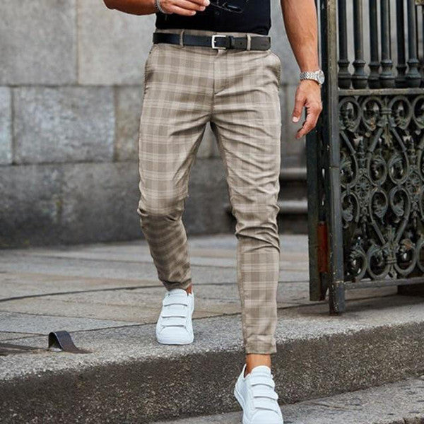 Grid Pattern Pants with Adjustable Waist and Side Pockets, Polyester Cotton