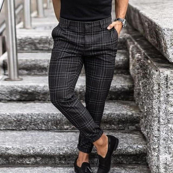 Grid Pattern Pants with Adjustable Waist and Side Pockets, Polyester Cotton