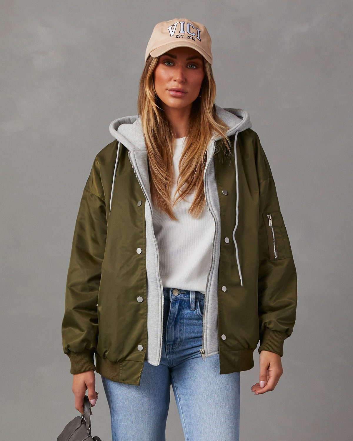 Olive/Grey % Campus Oversized Hooded Bomber Jacket-6