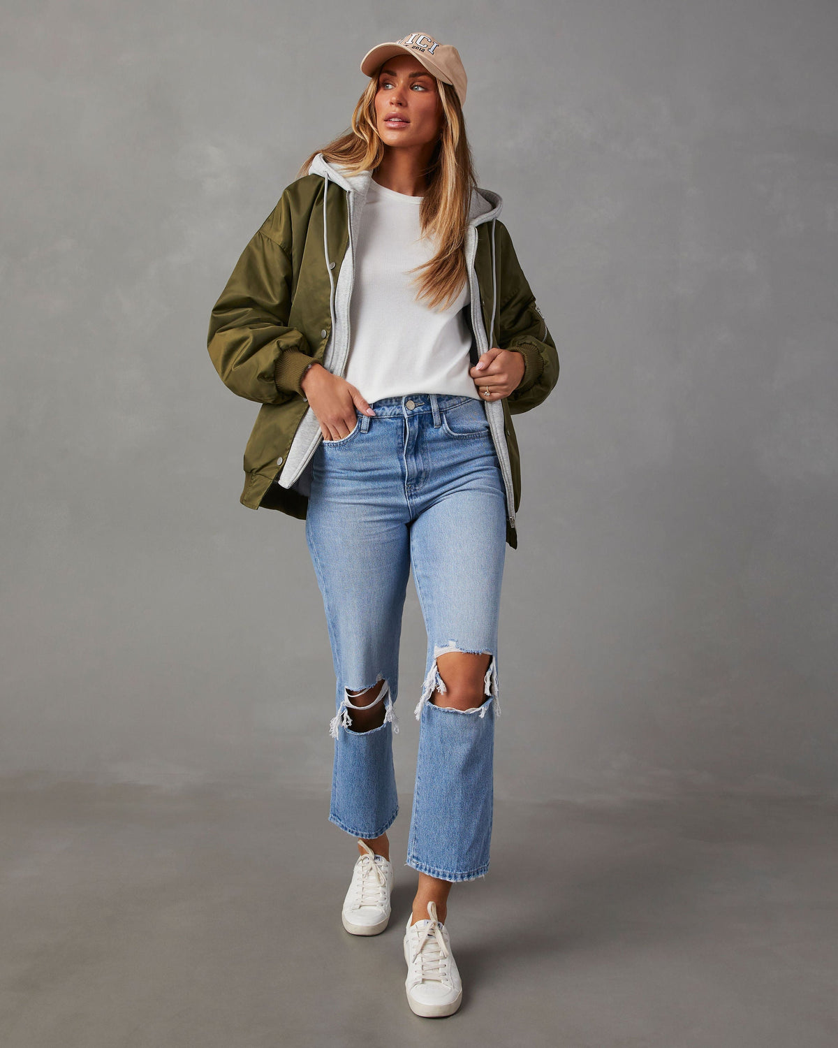 Olive/Grey % Campus Oversized Hooded Bomber Jacket-5