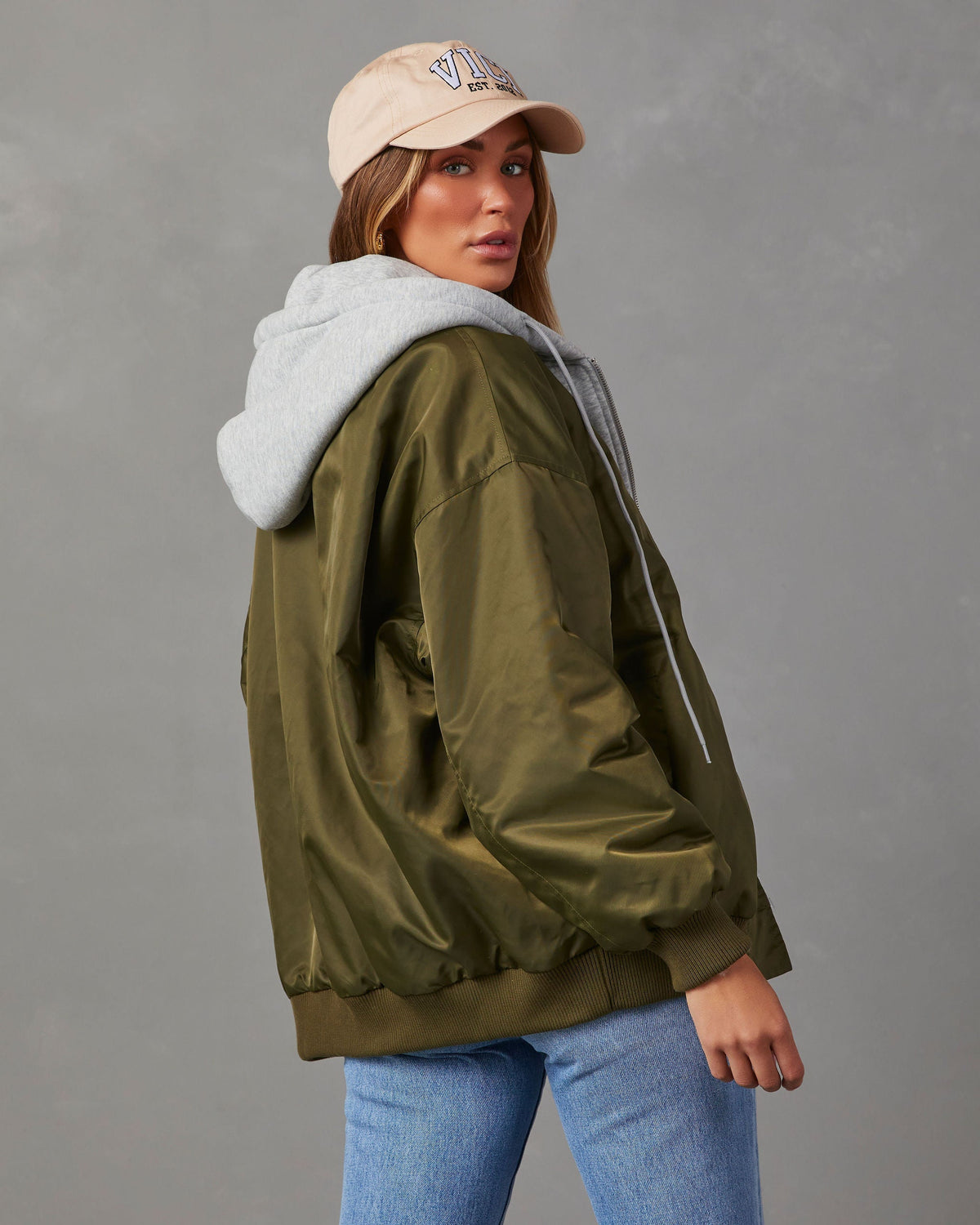 Olive/Grey % Campus Oversized Hooded Bomber Jacket-7