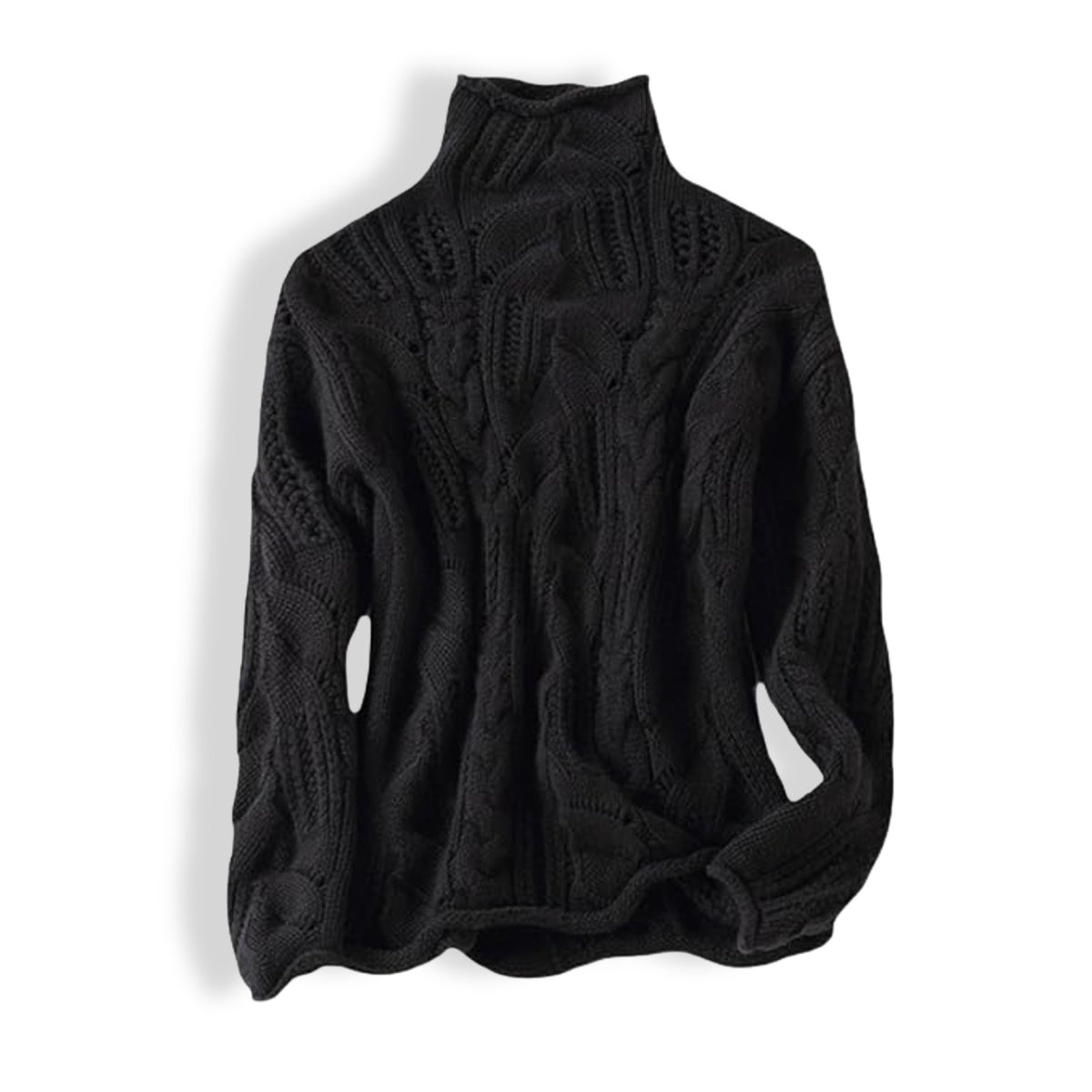 Women's Cable Knit Sweater with Funnel Neck and Ribbed Cuffs