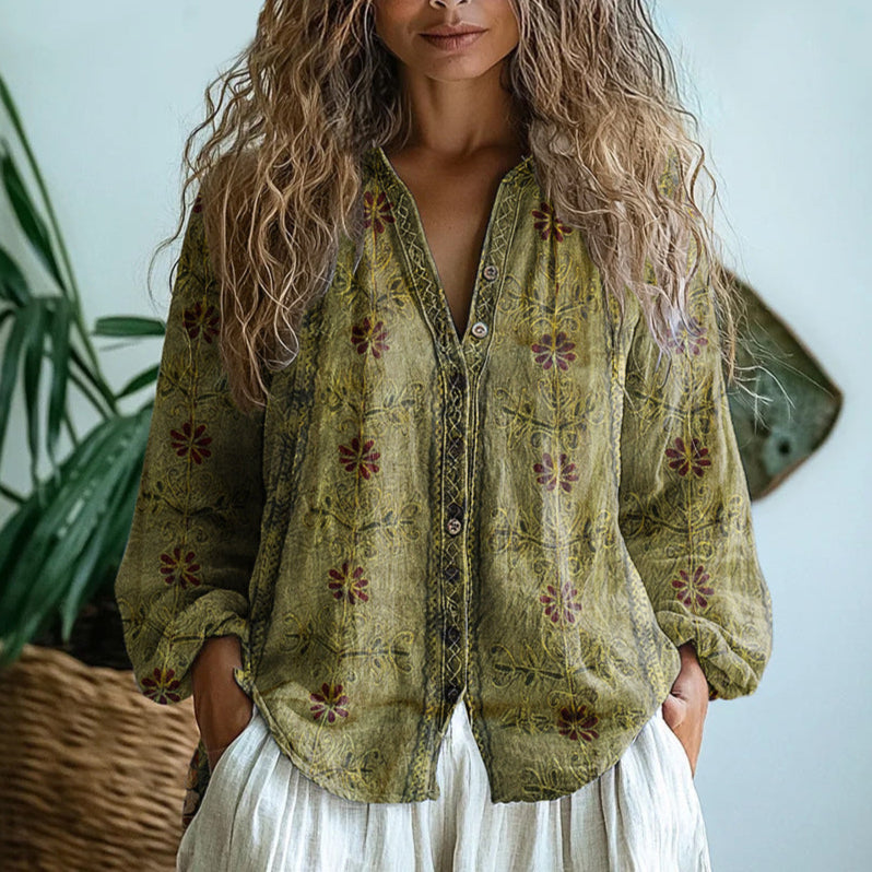 Button Down Shirt with Vintage Leaf Print and Breathable Weave, Draped Fit