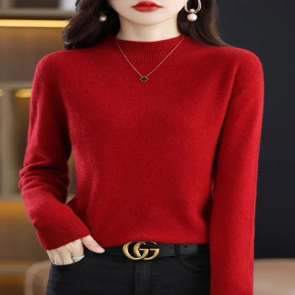 Women's Mock Neck Pullover with Ribbed Detailing and Relaxed Fit