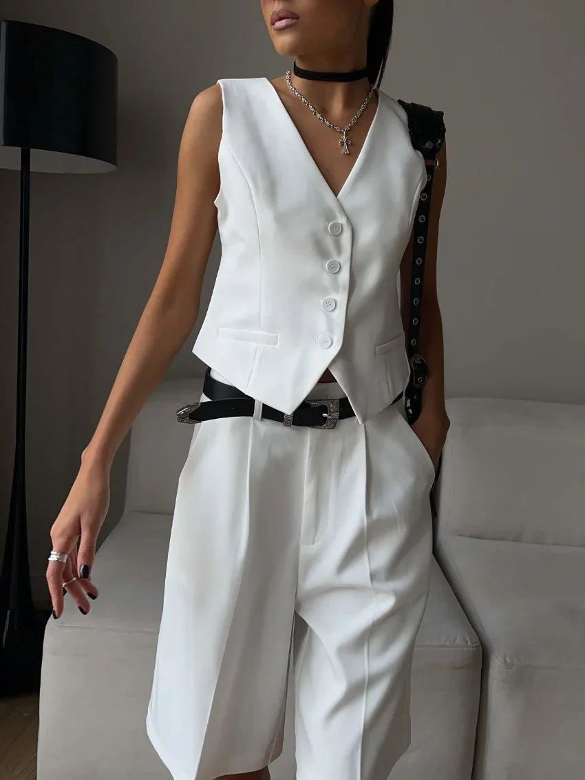 Women's Button Front V Neck Sleeveless Vest Wide Leg Shorts Set