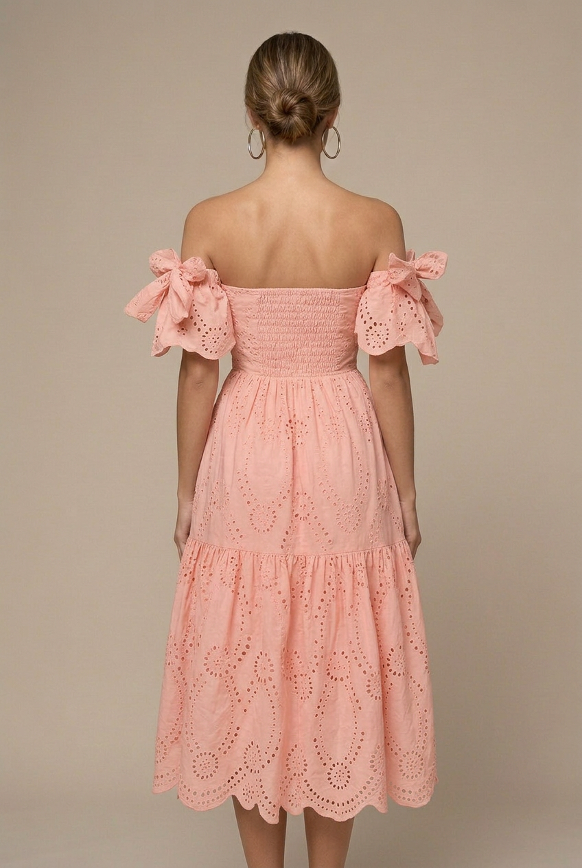 Women's Eyelet Off Shoulder Midi Dress - Ruffle Sleeve - Wedding Guest