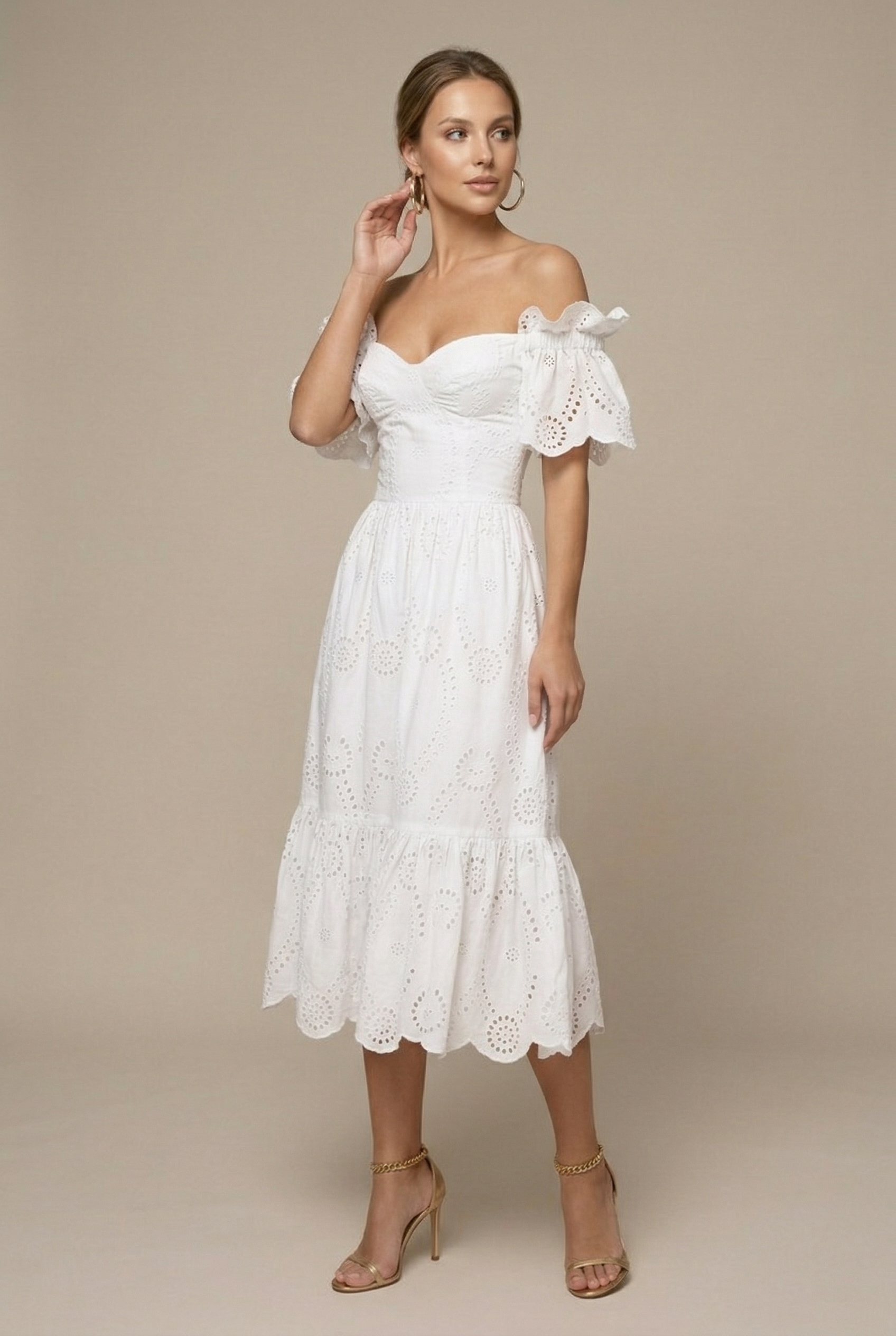 Women's Eyelet Off Shoulder Midi Dress - Ruffle Sleeve - Wedding Guest