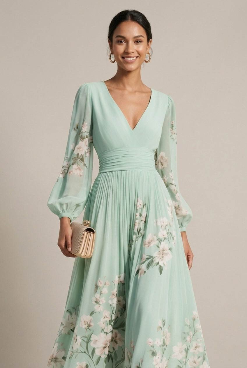 Women's Floral Border Print Maxi Dress - V-Neck Bishop Sleeve