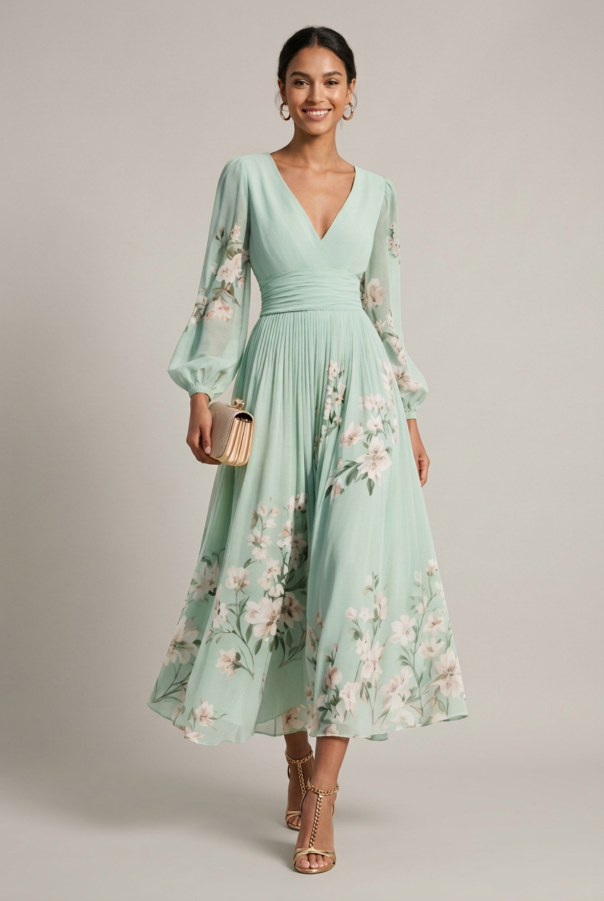 Women's Floral Border Print Maxi Dress - V-Neck Bishop Sleeve