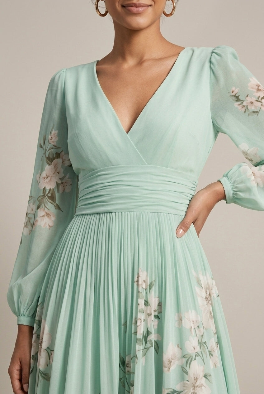 Women's Floral Border Print Maxi Dress - V-Neck Bishop Sleeve
