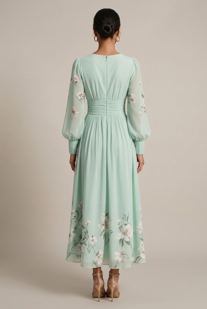 Women's Floral Border Print Maxi Dress - V-Neck Bishop Sleeve