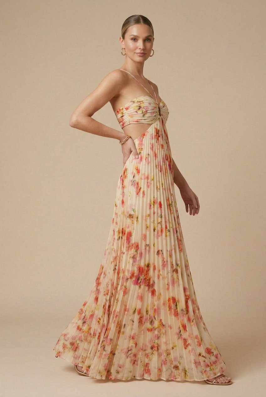 Women's Floral Halter Neck Pleated Open Back Maxi Dress
