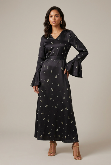 Women's Floral Maxi Dress - V-Neck Bell Sleeve A-Line