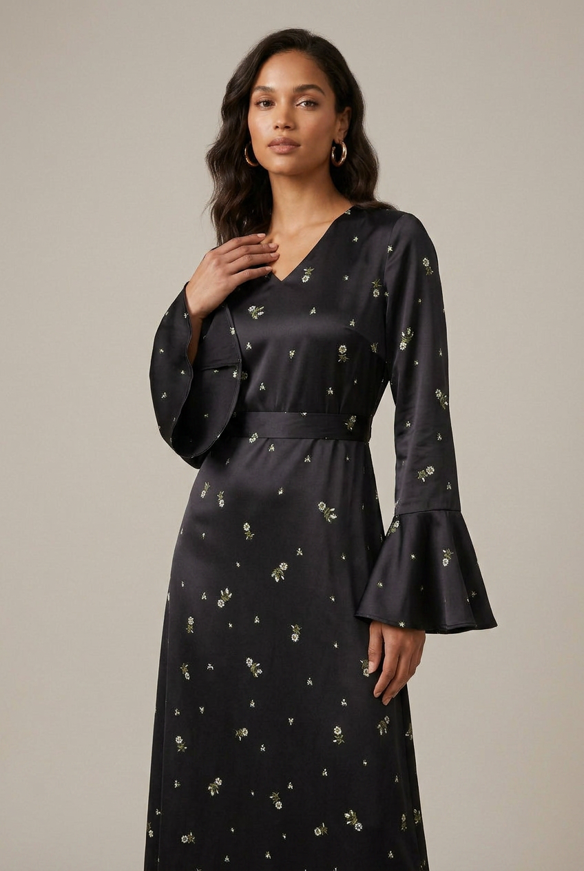 Women's Floral Maxi Dress - V-Neck Bell Sleeve A-Line