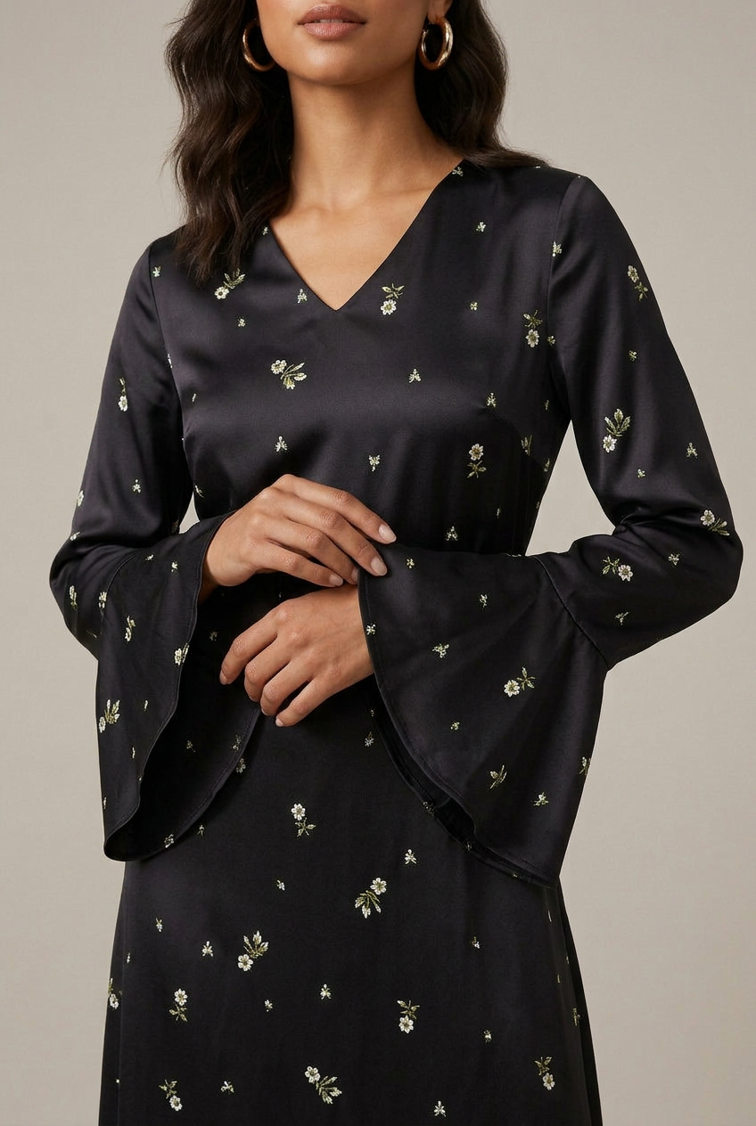 Women's Floral Maxi Dress - V-Neck Bell Sleeve A-Line