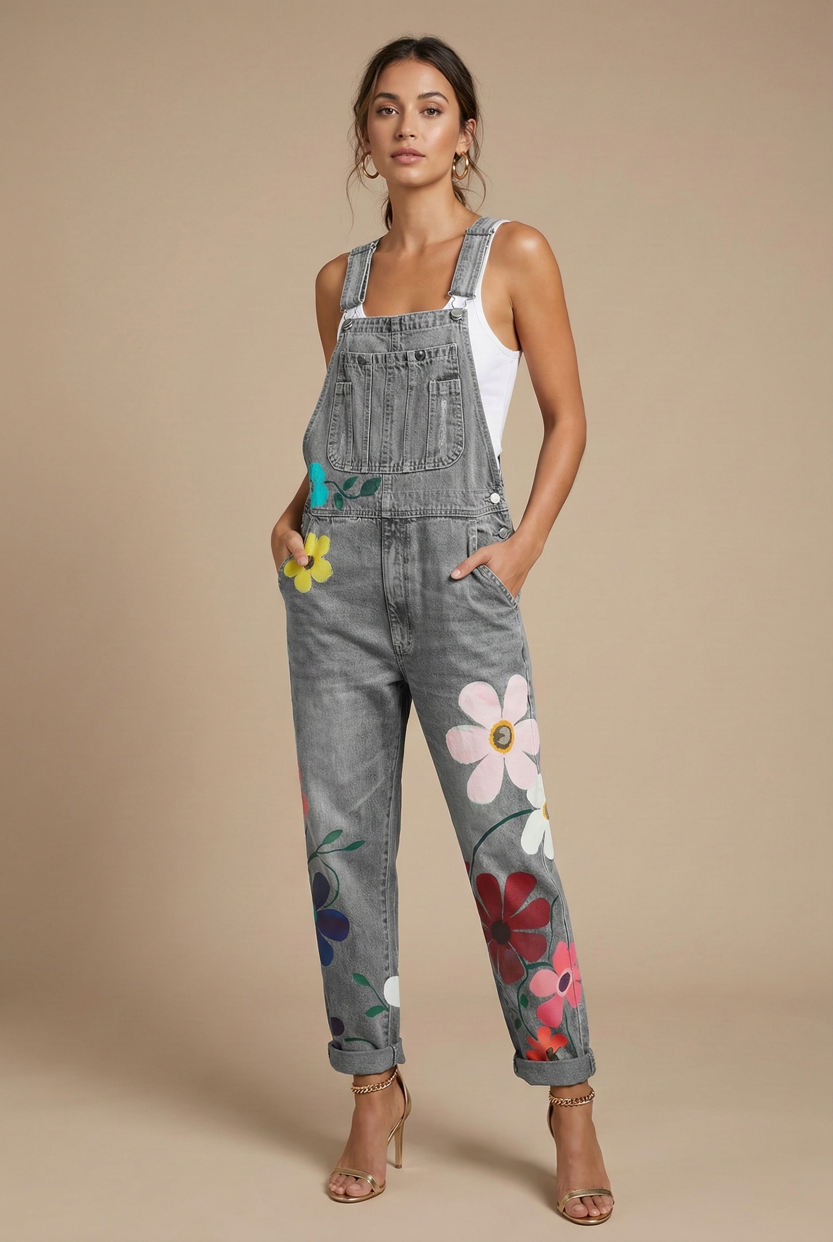 Women's Floral Print Denim Jumpsuit - Sleeveless Bib Overall with Adjustable Straps and Pockets