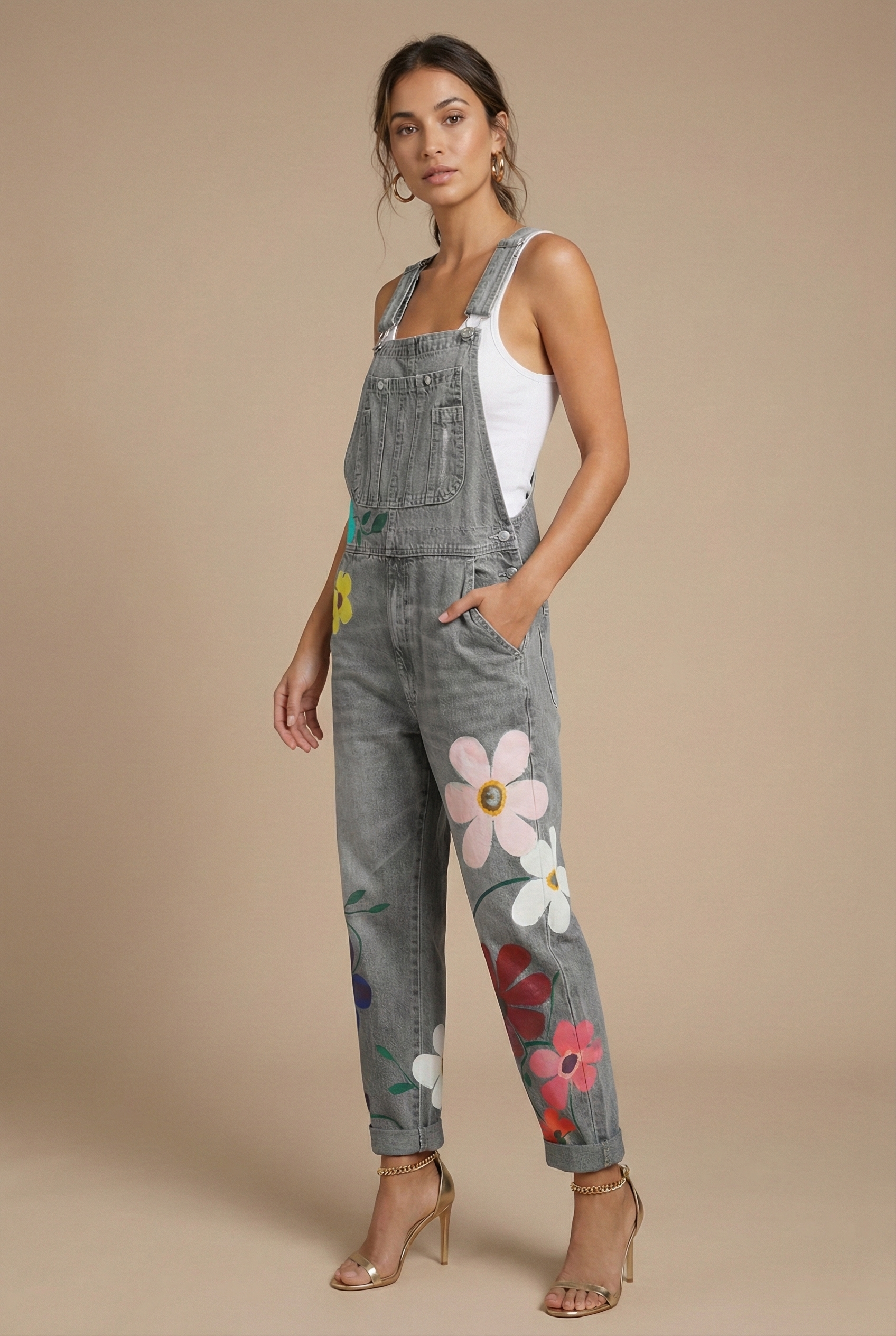 Women's Floral Print Denim Jumpsuit - Sleeveless Bib Overall with Adjustable Straps and Pockets