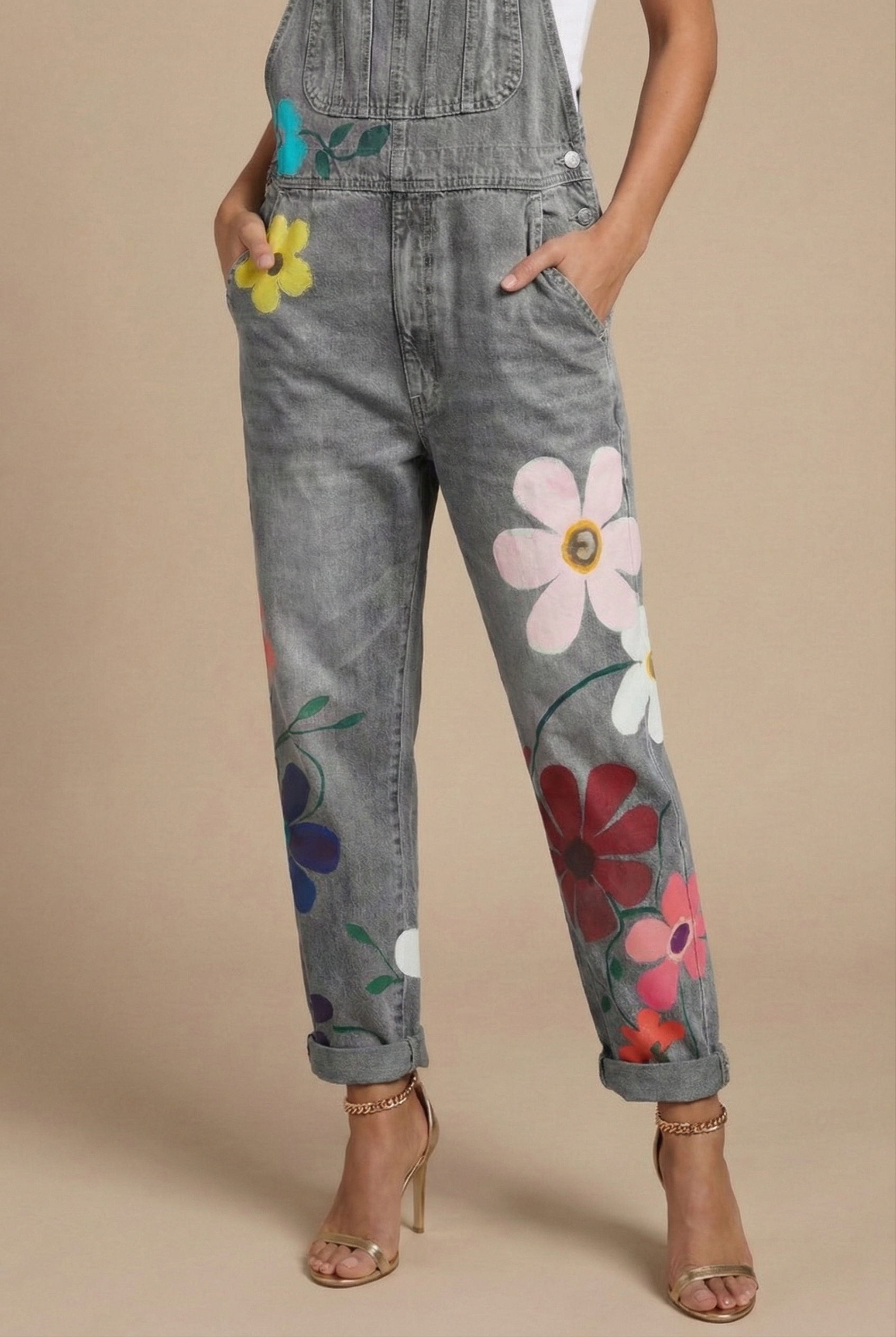 Women's Floral Print Denim Jumpsuit - Sleeveless Bib Overall with Adjustable Straps and Pockets