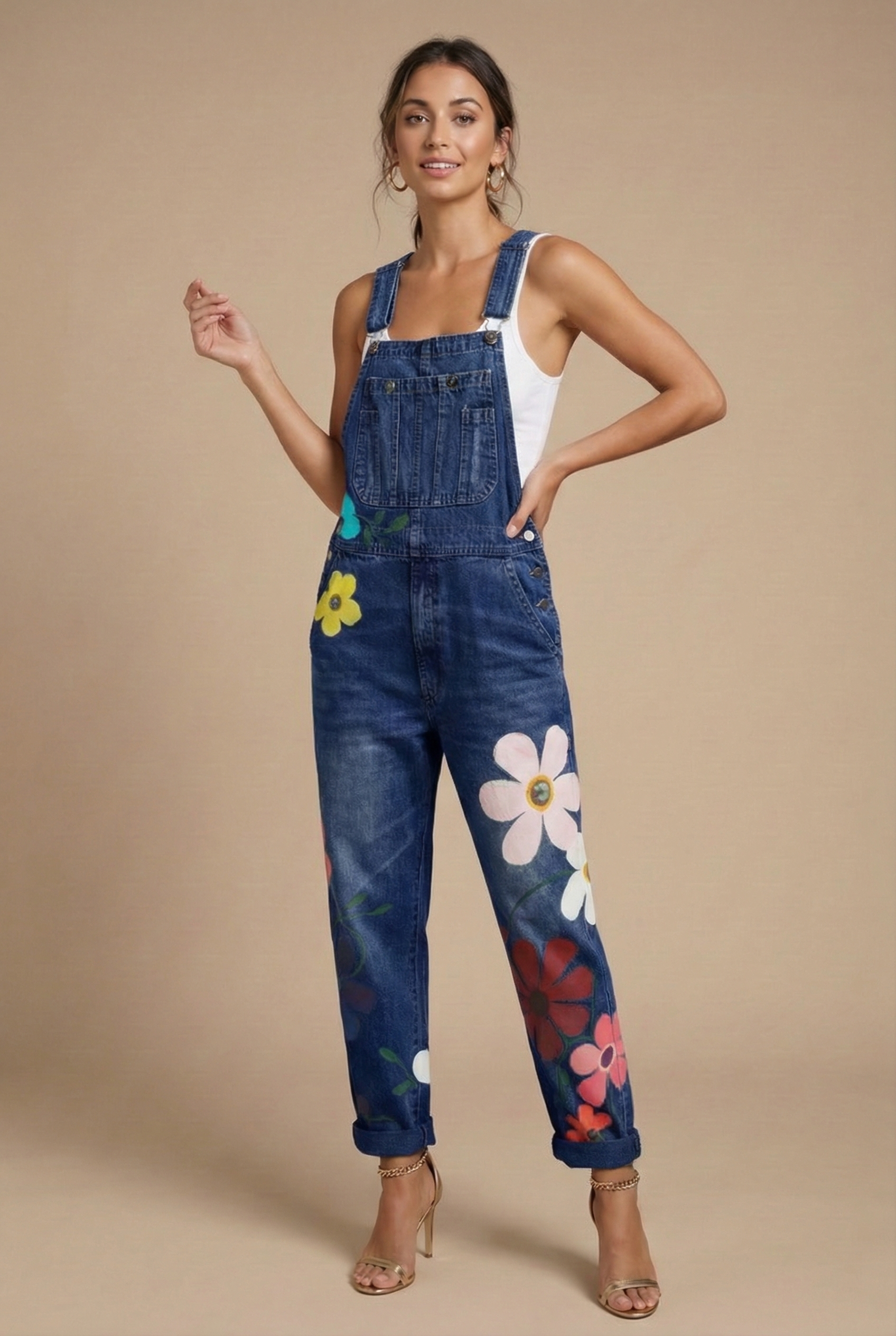 Women's Floral Print Denim Jumpsuit - Sleeveless Bib Overall with Adjustable Straps and Pockets