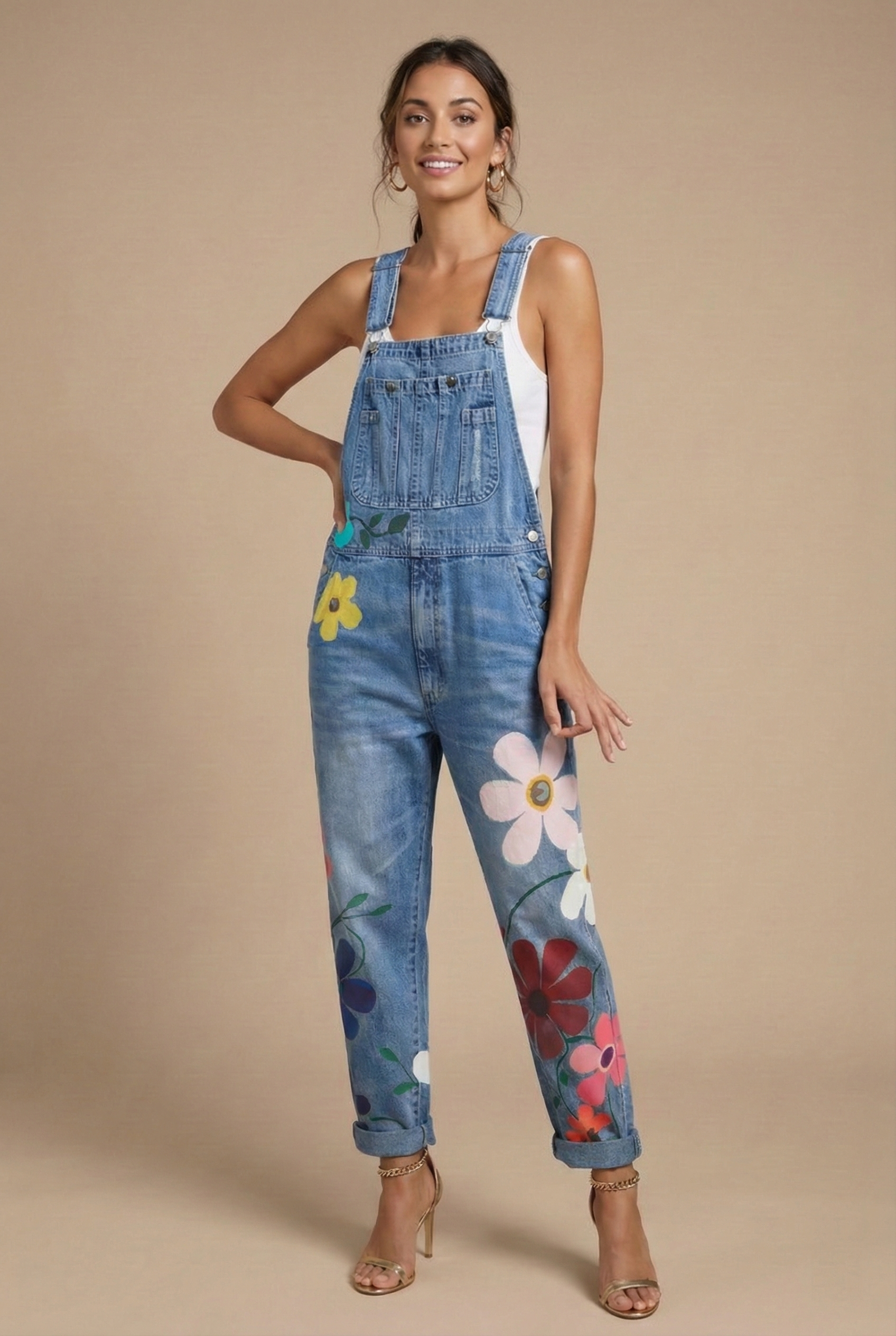 Women's Floral Print Denim Jumpsuit - Sleeveless Bib Overall with Adjustable Straps and Pockets