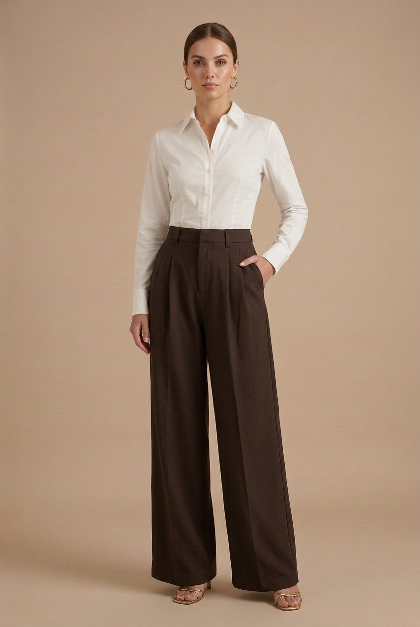 Damen Hoch taillierte, plissierte, weit geschnittene Hose mit Gürtelschlaufen