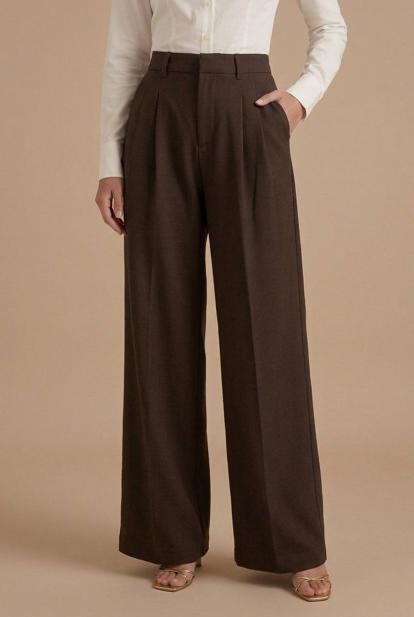 Damen Hoch taillierte, plissierte, weit geschnittene Hose mit Gürtelschlaufen
