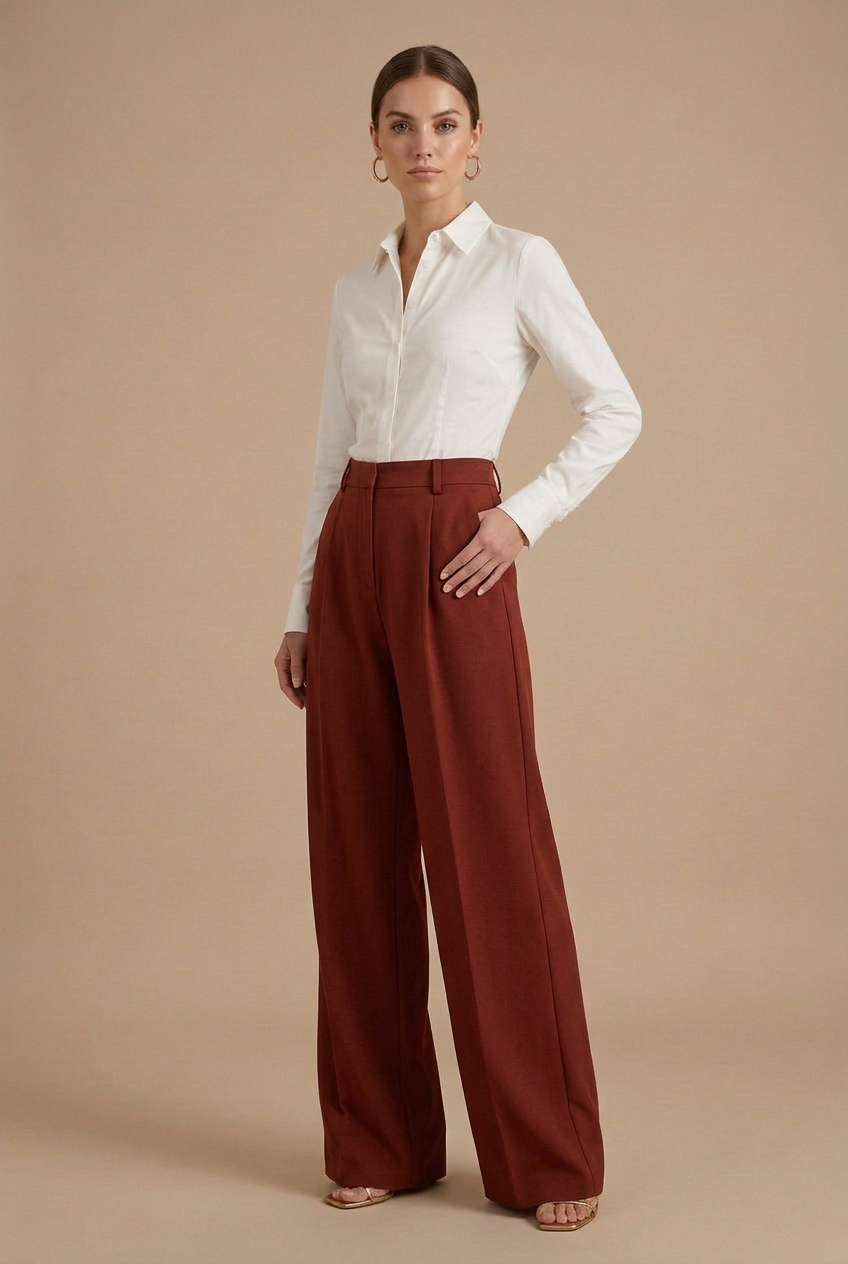 Damen Hoch taillierte, plissierte, weit geschnittene Hose mit Gürtelschlaufen