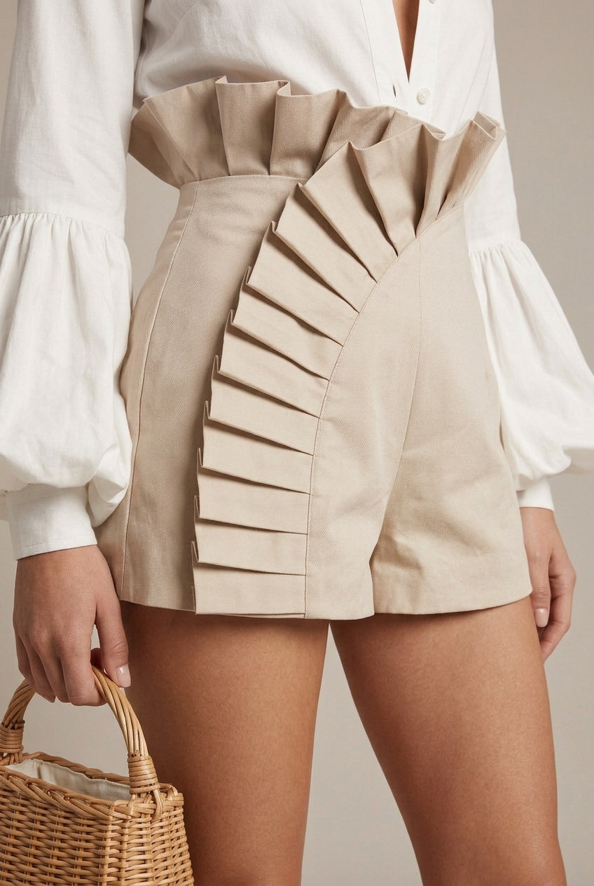 Women's High Waist Ruffle Front Mini Shorts - Structured Pleated Detail