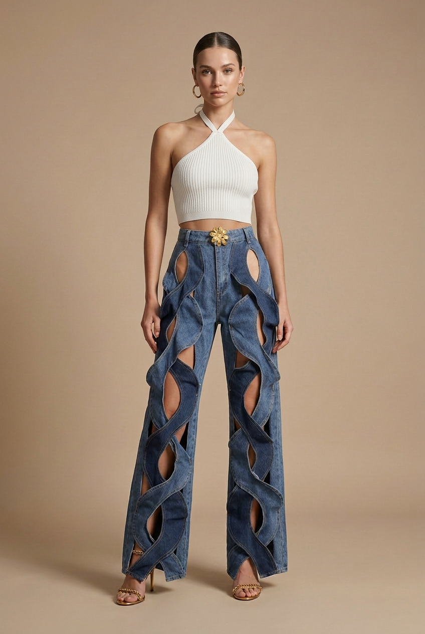 Pantalones de Mezclilla de Tiro Alto con Pierna Ancha y Tirantes Tejidos con Recortes para Mujer